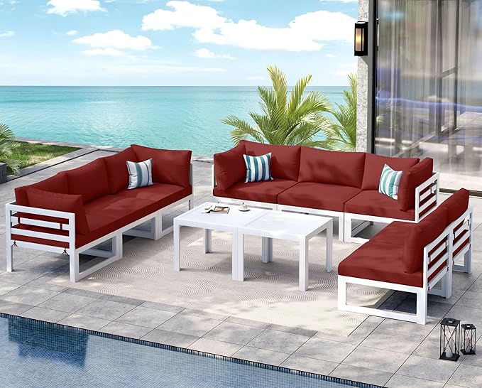 NICESOUL 10 Piece Modern Aluminum Patio Furniture Set, 500 lbs Heavy Duty Durable Outdoor Sectional Sofa, 29" Deep Wide Oversized Seating, L Shaped Comfortable Conversation Couch for Outside Deck, Red