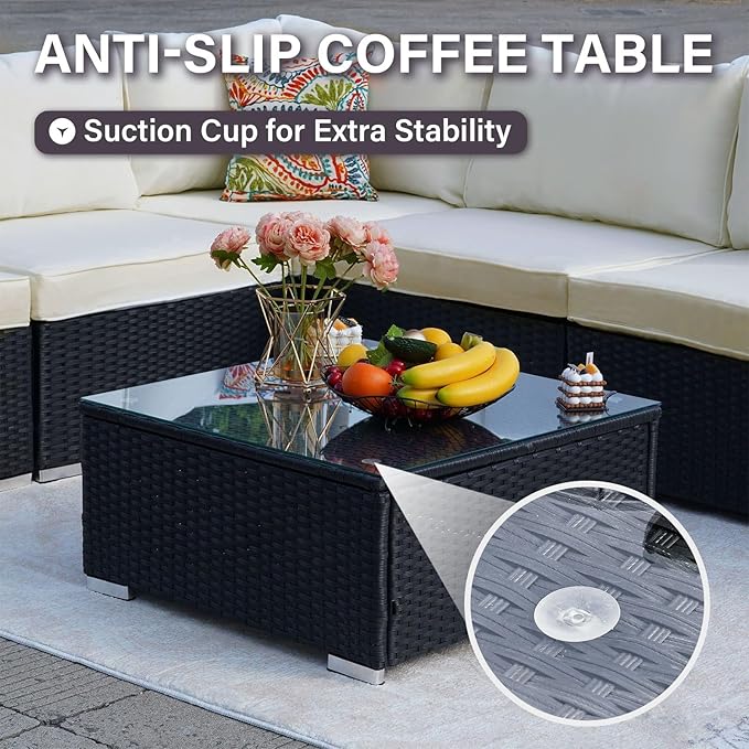 7-Piece Outdoor Patio Furniture Set – Handwoven All-Weather Rattan & 4” Thick Waterproof Cushions, Wicker Outdoor Conversation Sets with Coffee Table for Deck, Backyard, Garden, Black/Beige