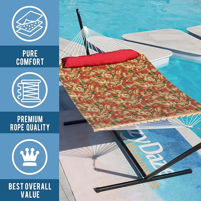 Lazy Daze Hammocks 12FT Quilted Fabric Hammock with Soft Pillow, Double 2 Person Tree Hammock with Spreader Bar for Outside Patio Poolside Backyard Beach, 450 lbs Capacity, Red Leaf
