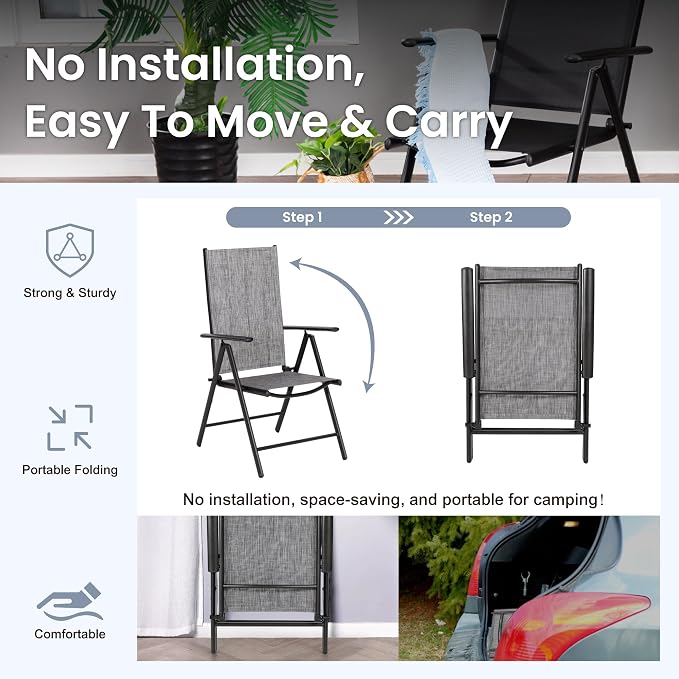 PHI VILLA Outdoor Dining Set with Umbrella for 6, Patio Dining Set with Outdoor Table and Chairs Set, Ajustable Grey Folding Patio Chairs (No Umbrella Base)