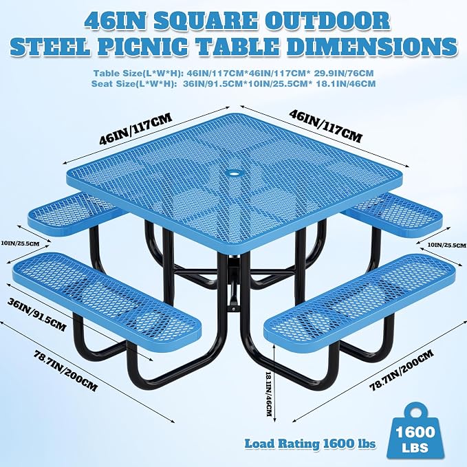 Heavy Duty Picnic Table with Umbrella Hole, Expanded Meta Outdoor Metal Patio Dining Table & Outdoor Bench Set, Steel Mesh Dining Furniture for Garden, Lawn, Patio (47 INCH Blue Square Table)