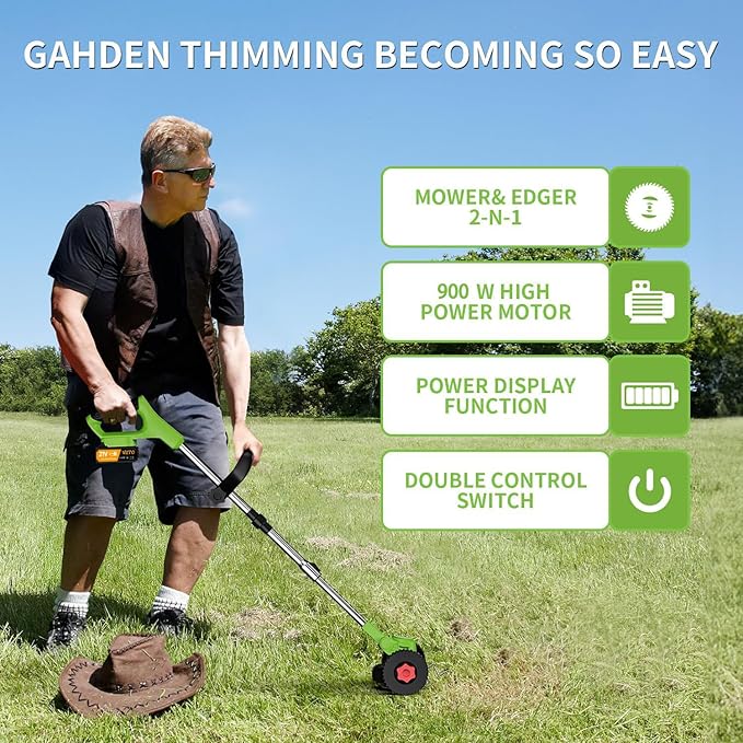 Cordless Garden Strimmers with Metal Blades, Electric Cordless 21v Grass Strimmer with 2 X 2000mAh Battery, Garden Trimmer Telescopic Lightweight with Roller, 850W, for Gardens Lawns Weeds Trimmer