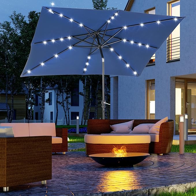 Outsunny 9' x 7' Solar Umbrella, LED Lighted Patio Umbrella for Table or Base with Tilt & Crank, Outdoor Umbrella for Garden, Deck, Backyard, Pool, Beach