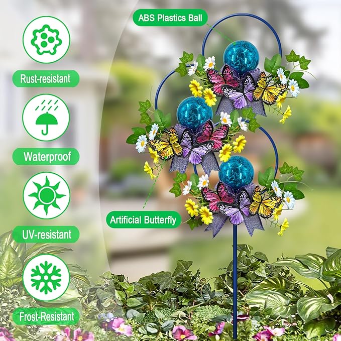 Solar Lights Outdoor Pathway,Triple Butterfly Flower Garden Stake with Colorful Lights for Yard,Patio,Lawn,Solar Powered Outside Decorations,Gifts for Women