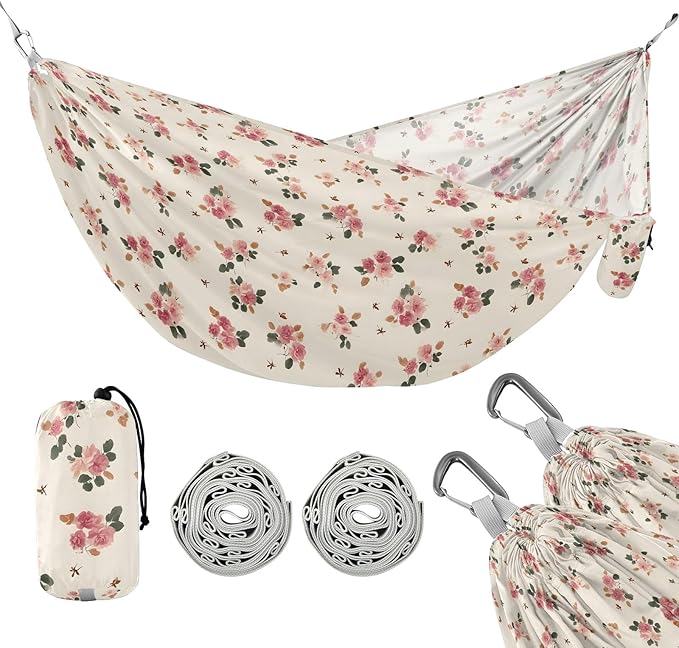 Camping Hammock Outdoor Hammocks for Outside Vintage Floral Cute Flowers Beach Trees Portable Lightweight with Pockets Tree Straps Indoor