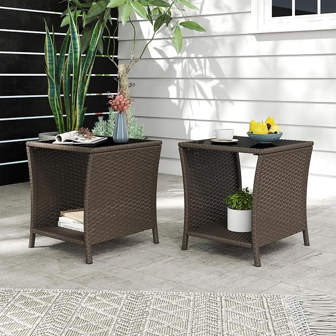 Outdoor Small Patio Table - PE Rattan Coffee Table, Wicker Side Table for Patio, Balcony & Porch, Durable & Iron Frame (2, Sesame)