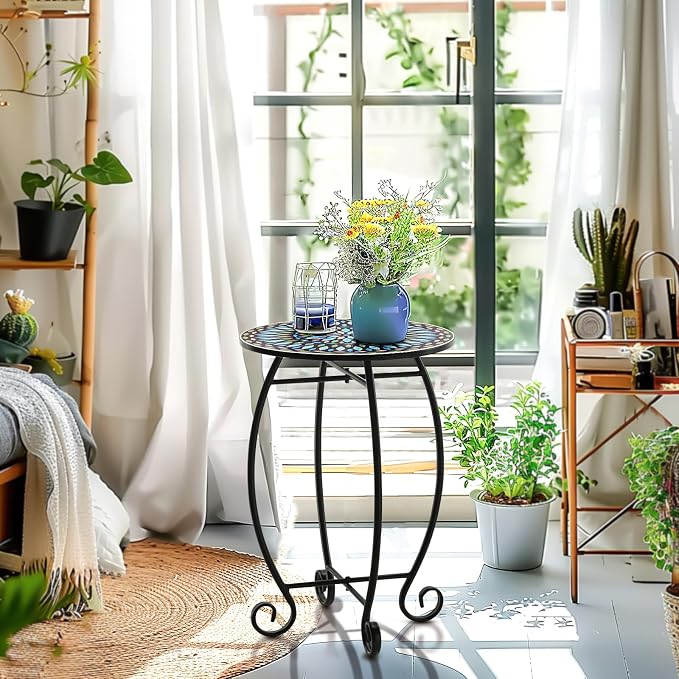 14" Round End Table, Unique Relief Ceramic Tile Tabletop with Metal Frame, Metal Scrollwork Accent Side Table