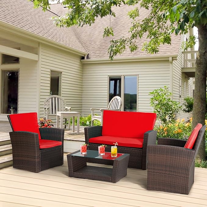 FDW 4 Piece Patio Furniture Sets, Wicker Conversation Set 4 All-Weather Outdoor Sectional Patio Sofa for Porch Deck with Red Cushion Brown Rattan Sofa Chair