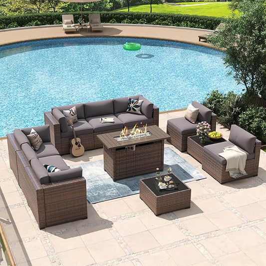 Aoxun 11 Piece Patio Furniture Set with 44” Fire Pit Table Wicker Rattan Outdoor Sectional Sofa Set with Coffee Table and Thickened Cushions, Gray