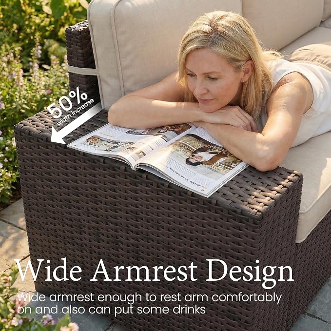 LayinSun 7 Pieces Outdoor Patio Furniture Set with 44" Fire Pit Table Brown Rattan Sectional Sofa Conversation Sets