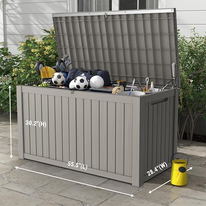 Mars Villa 180 Gallon Outdoor Storage Box, Large Waterproof Resin Deck Box for Patio Furniture Cushions, Pool Supplies, Gardening Tools, Lockable, Weatherproof and UV Resistant, Grey