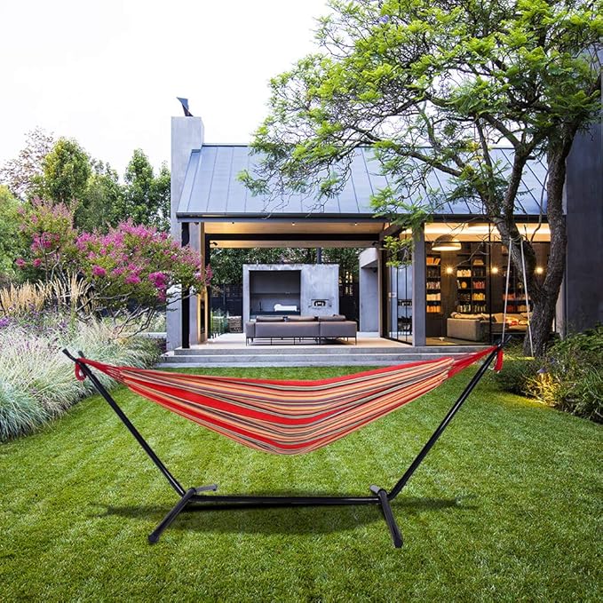 Portable Outdoor Polyester Hammocks Set,Professional Hammock Stand,Outdoor Patio Hammocks,Indoor Swing Hammock Chair Set,with Carry Bag,for Outside Patio Porch Beach Backyard (Red Stripe)