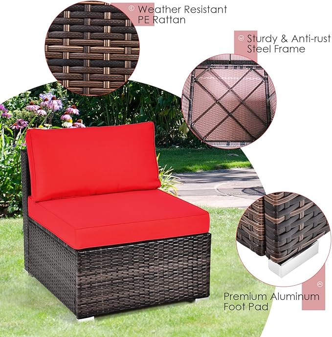 RELAX4LIFE 8-Piece Patio Furniture Set - Rattan Wicker Sectional Sofa Set w/Cushions, 32’’ Outdoor Gas Propane Fire Pit Table & Tank Holder, 40000 BTU Heat Output, PVC Cover for Firepit (Red)