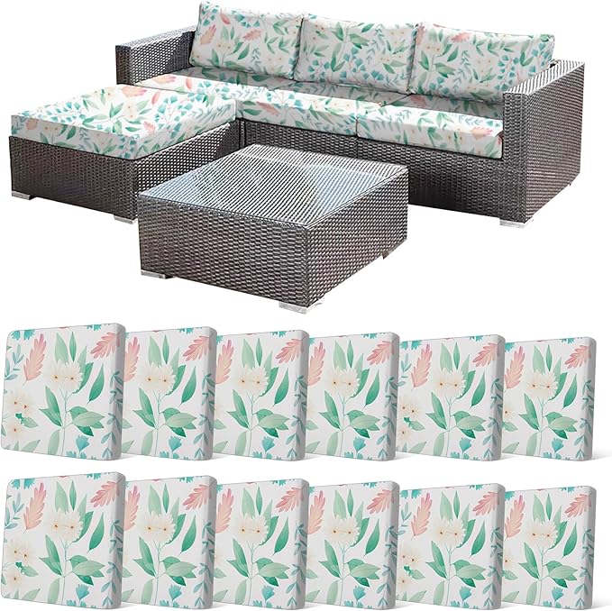 CALBODE 12Pcs Stretch Patio Cushion Cover, Fresh Botanical Printed Couch & Sofa Slipcovers for Patio Furniture Cushions Washable Reusable Couch Covers Replacement for Spring Summer (Cover Only)