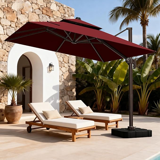 10x10Ft Patio Umbrella Outdoor Cantilever Rectangle Umbrella with Base Included, 6-Level Tilt & 360° Rotation Offset Umbrella for Garden, Deck, Pool(Red)