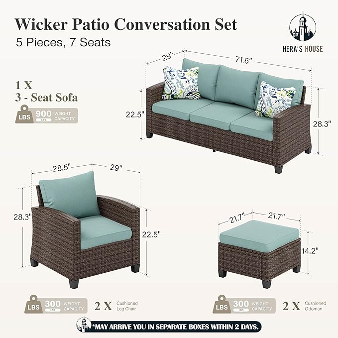 HERA'S HOUSE Wicker Patio Furniture Set, 5 Pieces Outdoor Furniture Set, Deep Seating Patio Conversation Sofa Sets for Lawn Deck Backyard, Blue