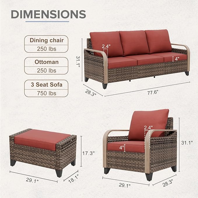 COOS BAY Modern Wicker Outdoor Furniture Set, 5 Piece Patio Conversation Set with 2 Patio Chairs, a 3 Seat Couch and 2 Ottomans, 5 Piece, Brown/Red