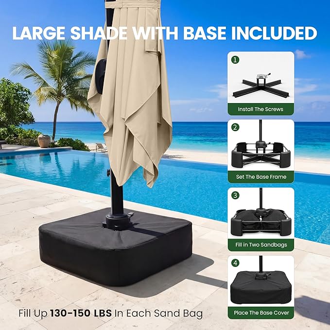 Olilawn 2 Pack 9' X 12' Patio Umbrella with Base Included, Large Outdoor Cantilever Offset Patio Umbrellas Rectangular Aluminum Umbrella with 360-degree Rotation & Infinite Tilt Adjustment for Poolside Luxury, Hosting, Backyard BBQ,Beige
