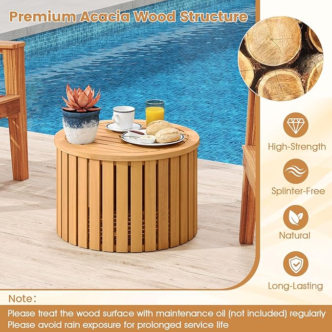 Tangkula 2-in-1 Outdoor Side Table with Storage, Acacia Wood Slatted Coffee Table with Umbrella Hole & Removable Base, Round Slatted End Storage Box for Backyard, Poolside