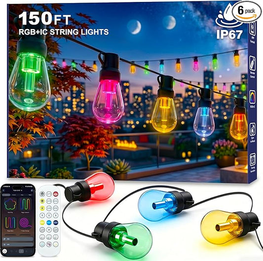 AHRLHR 150FT RGB+IC Outdoor String Lights,Outside Light Dimmable Shatterproof LED Bulbs,Balcony, Outdoor Living， IP67 Waterproof Chasing Effect Lighting DreamColor Patio Strip Lights for Backyard