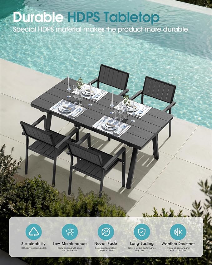 Ciokea Aluminum Outdoor Dining Sets for 4, Patio Table and Stackable Chairs Set with Umbrella Hole, All-Weather HDPS Durable Furniture for Backyard, Poolside, Lawn & Garden | 5-Piece, Grey