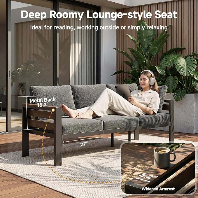 Outdoor Aluminum Patio Furniture Set, 7 Seat 5 Pieces Rust-resistant Patio Conversation Sets with 28D Thick Washable Cushions and Coffee Table, Oversized Metal Sectional Sofa Set for Backyard
