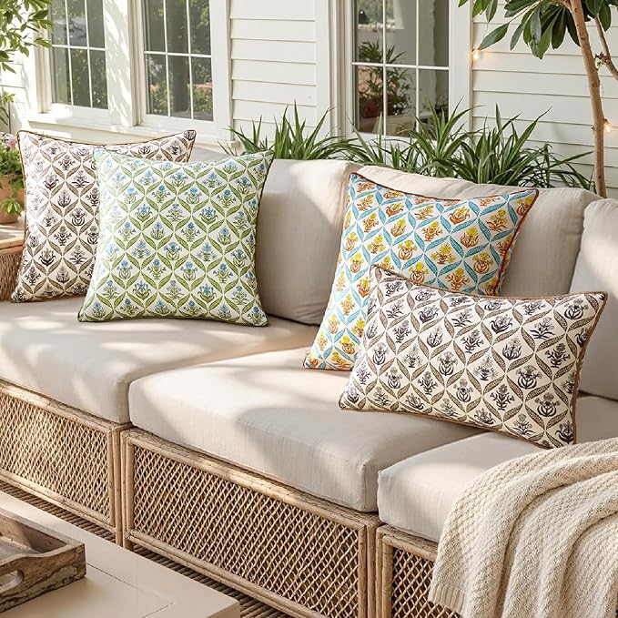 ANRODUO Floral Outdoor Pillow Covers 16x16 Waterproof Set of 2 Block Print Accent Decorative Cushion Cases with Refined Edge Piping for Summer Patio Porch Garden Couch Sofa Bench Decor Brown