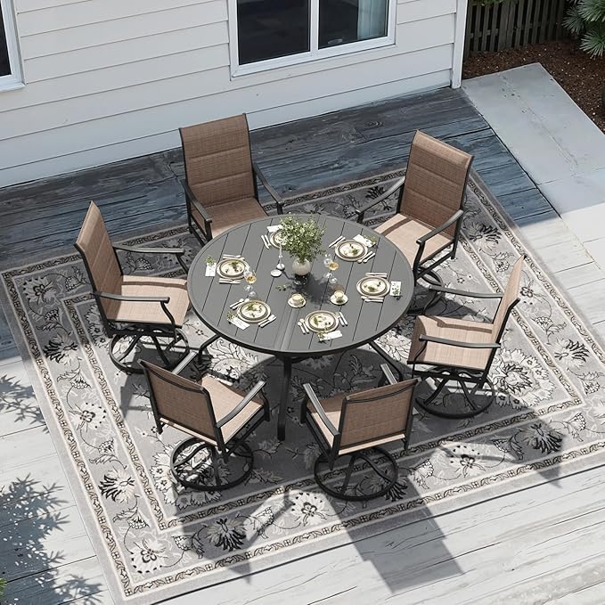 Soohow Outdoor Dining Set for 6, 7-Piece Round Table Patio Dining Set, 6 x Swivel Patio Chairs and 1 x 47 Round Outdoor Dining Table, for Poolside, Backyard and Proch