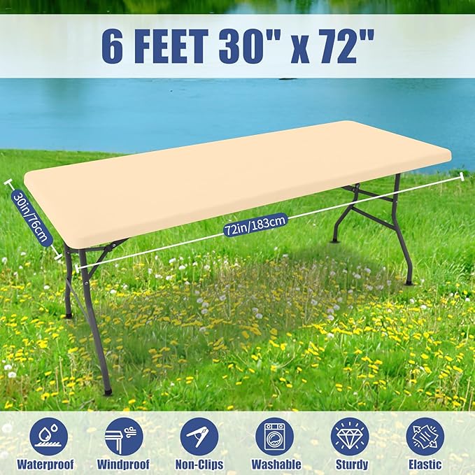 Moosfor Spandex 6 Foot Rectangle Table Cloth 2 Pack, Elastic Fitted Tablecloths for Picnic, Stretch Washable Patio Table Cover for Outdoor, Camping, Banquet and Parties(Ivory, 30"x72")