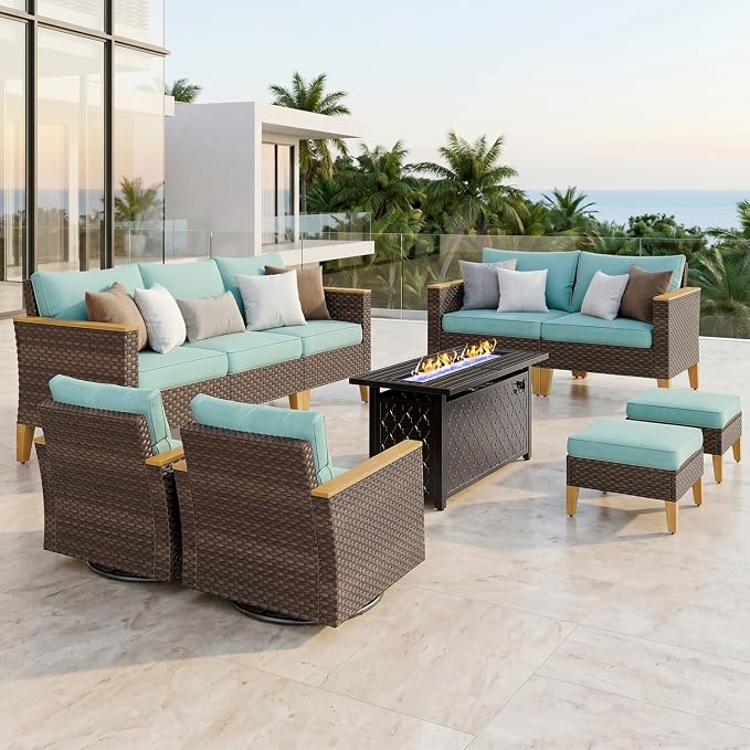 PHI VILLA Wicker Patio Furniture Set with 45" Fire Pit Table, 10 Pieces Outdoor Conversations Set, Rattan Patio Sectional Set with 2 Swivel Chairs, 3-Seater Sofa, Loveseat, 2 Ottomans, Aqua Blue