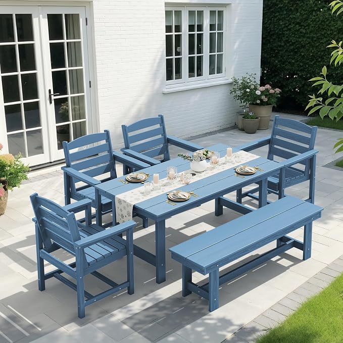 KINGYES 6-Piece Patio Dining Set, HDPE Outdoor Table and Chairs with Bench, Blue