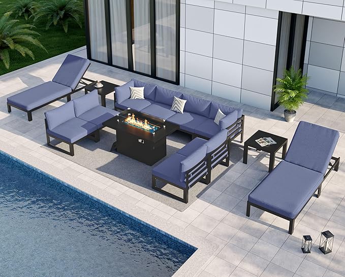 NICESOUL 13 Pcs Large Modern Aluminum Outdoor Sofa with Lounger & Fire Pit Table, 29" Deep Seat, 500 lbs Durable Sectional Set for Heavy People, All Weather Patio Furniture Set for Garden, Denim Blue