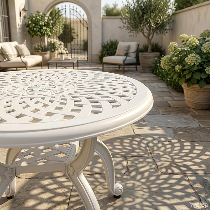 Round Outdoor Coffee Table Set of 2, Cast Aluminum Side Table with Storage,Indoor End Table, All-Weather Bistro Table for Patio Garden Lawn, White
