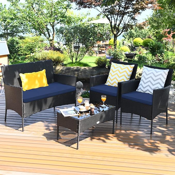 Tangkula 4 Piece Patio Furniture Set, Outdoor Wicker Conversation Set with Tempered Glass Coffee Table, Rattan Loveseat & Chairs Set with Seat Cushions for Backyard, Garden, Poolside (1, Navy)