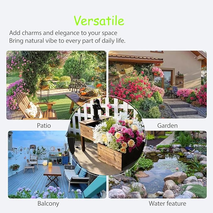 Outdoor Water Fountain, Floor Wooden Rectangular Double-Layer Old-Fashioned Hand Pump Fountain with Flower Box, Solar-Powered Electric Decorative Water Feature for Garden Patio Backyard