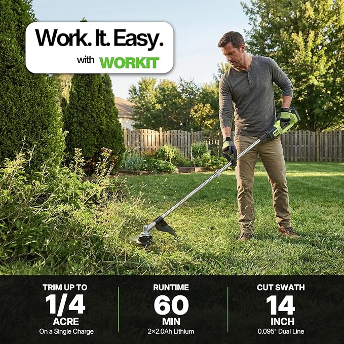 WORKIT 20V 14" Cordless String Trimmer - Brushless Motor Weed Wacker with 2×2.0Ah Batteries, 0.095" Dual Line Auto Feed, Lightweight Weed Eater for Lawn & Garden
