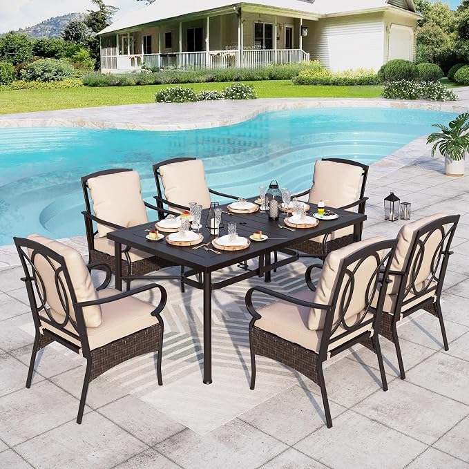 Sophia & Willliam Oversized Outdoor Dining Set 7 Piece Metal Patio Table and Chairs Set with 6 Large Padded Patio Dining Chairs & 64" Rectangular Dining Table, Deck,Lawn,Kitchen Furniture Set