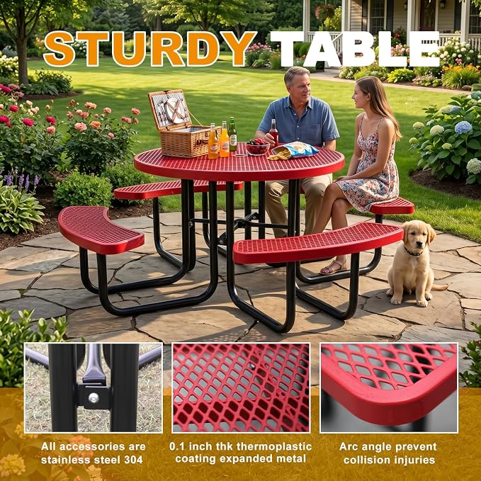 46In Round Outdoor Picnic Table – Heavy-Duty Commercial Steel Table with Thermoplastic Coating, Weatherproof & Rust-Resistant, Perfect for Parks, Patios, Schools & Campgrounds (red)
