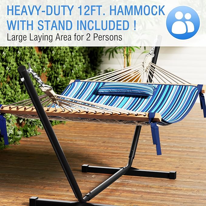 MUPATER 12FT Double Hammock with Stand Included, 2 Person, Outdoor Quilted Hammock with Stand, Rope with Pad and Pillow, para adultos, Striped Blue