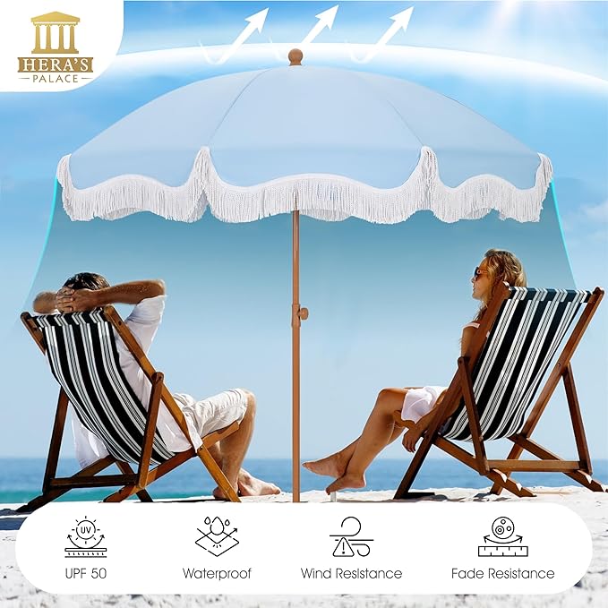 HERA'S PALACE 7ft Heavy Duty Beach Umbrella with Sand Anchor, Fringe Umbrella for Sand, UV 50+, Patio Umbrella with Tilt Pole for Garden Pool Backyard