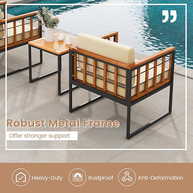 Tangkula 3 Pieces Patio Chair Set, Acacia Wood Outdoor Sofa Set with Metal Support, Soft Seat & Back Cushions Included, Cushioned Bistro Set for Balcony, Porch, Backyard (Beige)