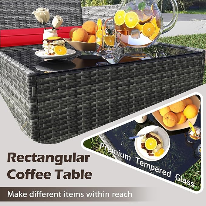 Tangkula 4 Pieces Patio Rattan Conversation Set, Outdoor Wicker Furniture Set with Cushioned Chair, Loveseat & Tempered Glass Table, Outside Sectional Sofa Set for Backyard (G-red,1)