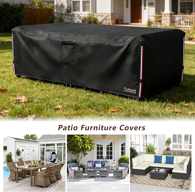 Patio Furniture Covers Waterproof,600D Heavy Duty Patio Cover for 6/7/8 PCS Sets Sectional Sofa Couch Dining Rocking Swivel Chairs Ottomans Coffee Table,111L x 74W x 28H inch Black