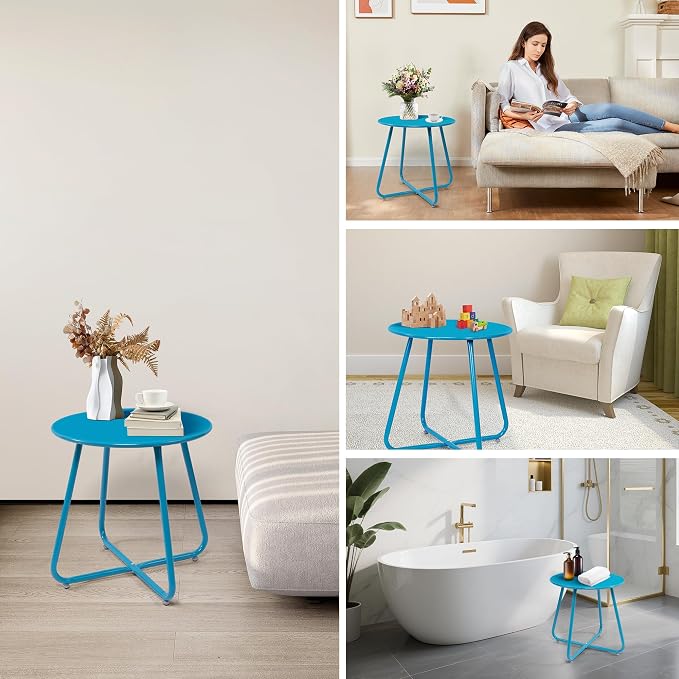 Patio Small Side Table Waterproof Round Metal Steel Weather Resistant Portable Outdoor and Indoor End Table for Garden Balcony Yard,Sky Blue