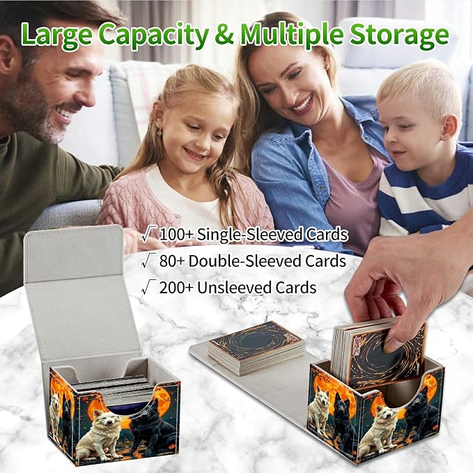 Card Deck Box for MTG, Cards Storage Box Fits 120+ Sleeved, Leather Small Size Strong Magnetic Closing Card Case for Board Games Magic TCG CCG Baseball Collection, Black White Wolf
