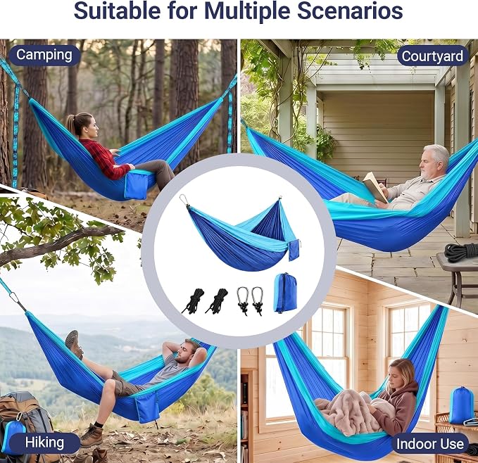 Camping Hammocks, Portable Lightweight Parachute with Tree Straps, Single or Double Hammock Without Stand, Nylon Camping Gear for Outdoor Beach Backpacking Hiking, Camping Essentials(Blue)