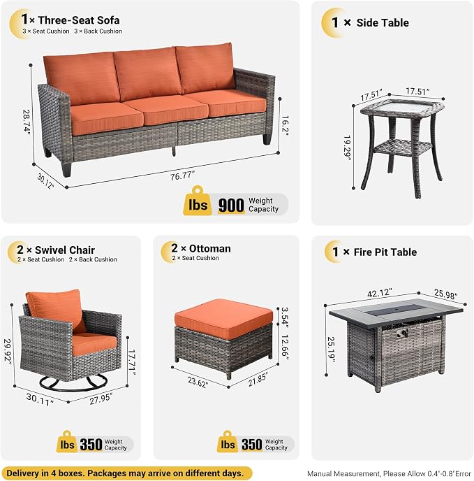ovios 7 Pieces Patio Furniture Set with Rectangular Fire Pit Table, Swivel Rocking Chairs, Outdoor High Back Wicker Rattan Conversation Set for Deck Porch, Orange Red