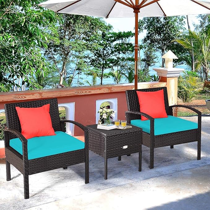 HAPPYGRILL 3 Piece Patio Furniture Set Rattan Wicker Sofa Set with Removable Cushions and Coffee Table, Outdoor Conversation Bistro Chairs Set with Storage Table for Garden Poolside Balcony