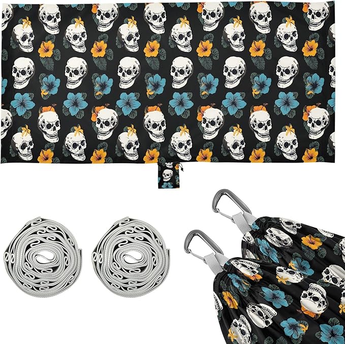 Camping Hammock Outdoor Hammocks for Outside Skull Hibiscus Flower Beach Trees Portable Lightweight with Pockets Tree Straps Indoor