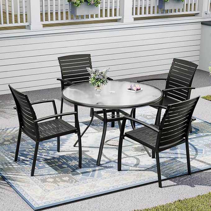 Patio Furniture Set, Outdoor Glass Table with 4PCS Dining Chairs | 40" Outdoor Round Table, E-Coated Metal Frame and Glass Tabletop, 1.7" Umbrella Hole, Aluminum Chair, Resin Seat and Backrest